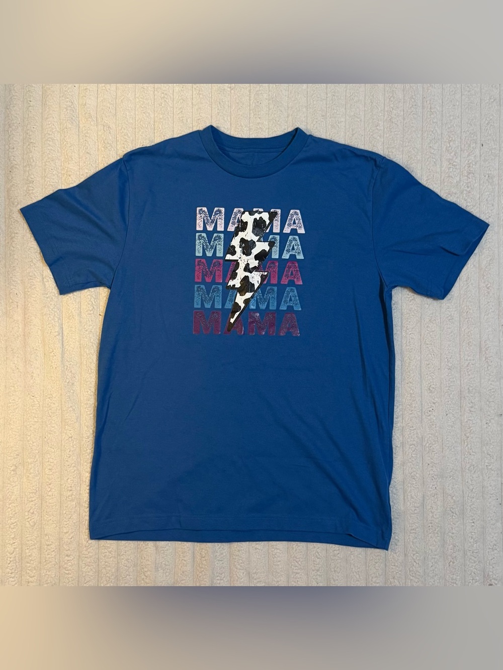 Women’s Blue MAMA Graphic Tee Cow Print Lightning Bolt T-Shirt